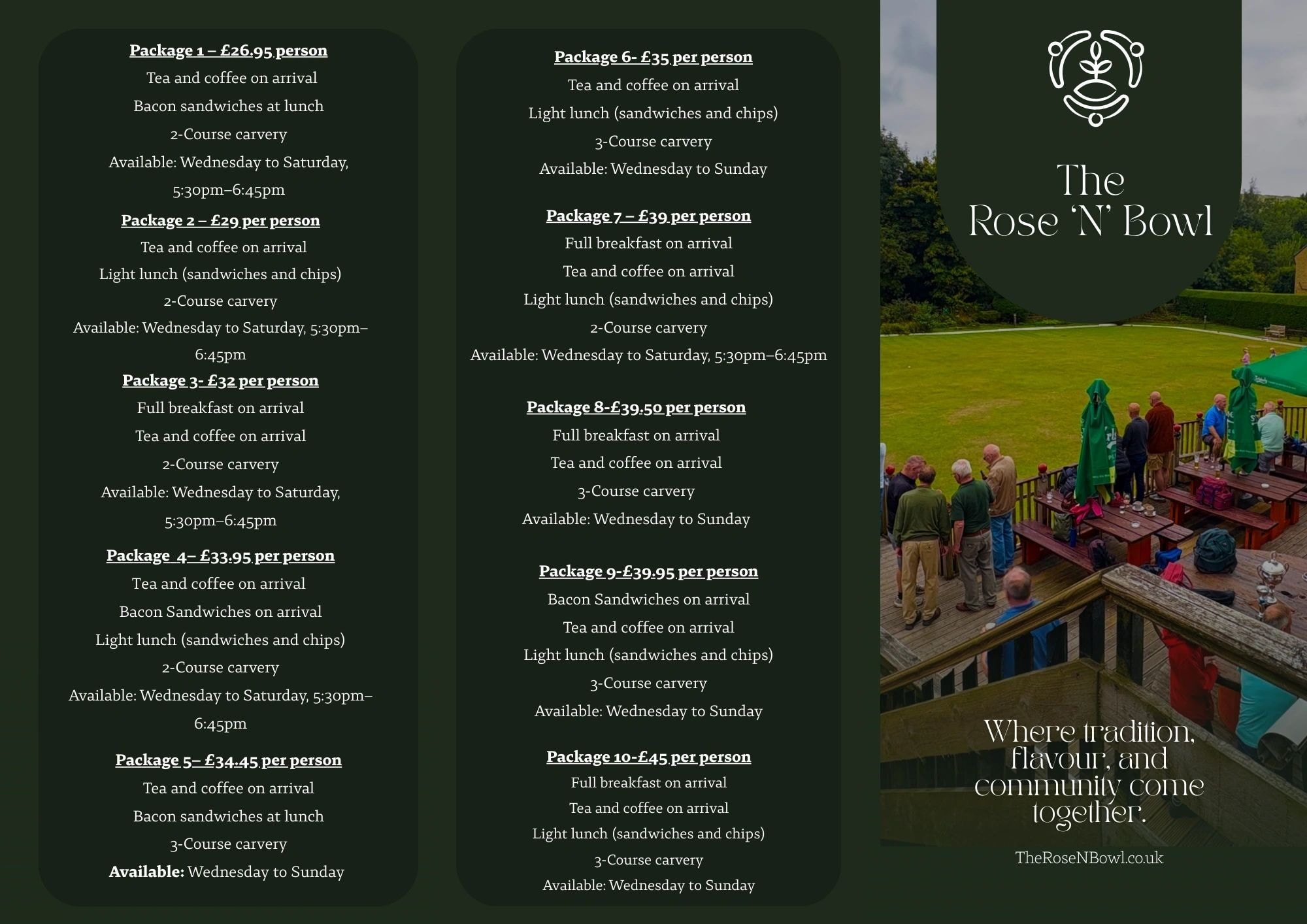 The Rose 'N' Bowl — bowling packages brochure showing 10 catering packages with pricing from £26.95 to £45 per person