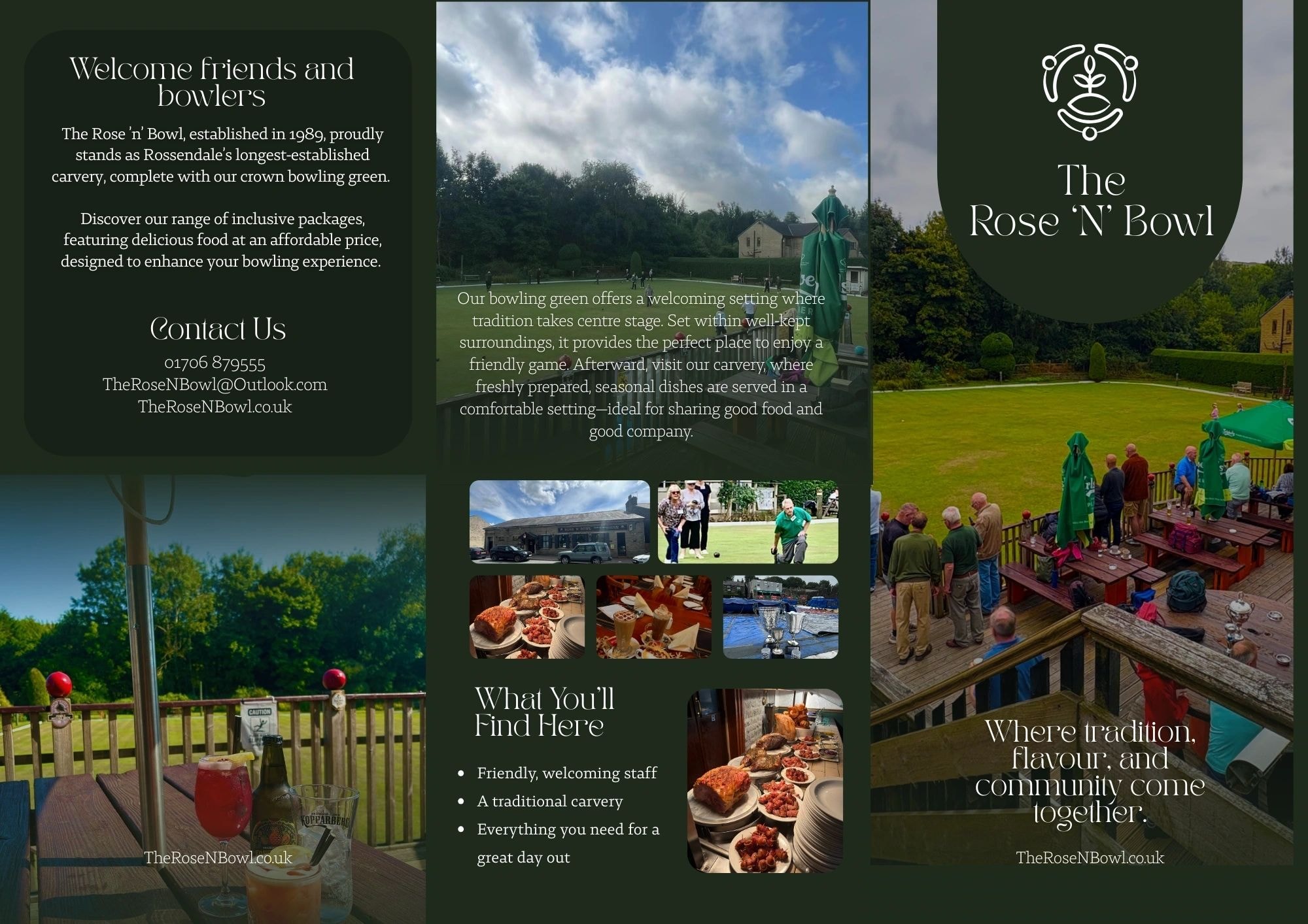 The Rose 'N' Bowl — welcome and venue brochure showing the bowling green, facilities, and contact details