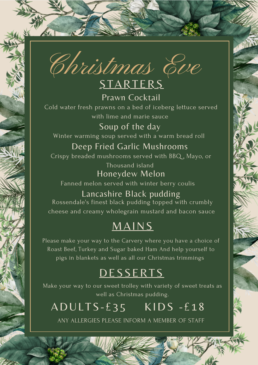 Christmas Eve menu — The Rose N Bowl