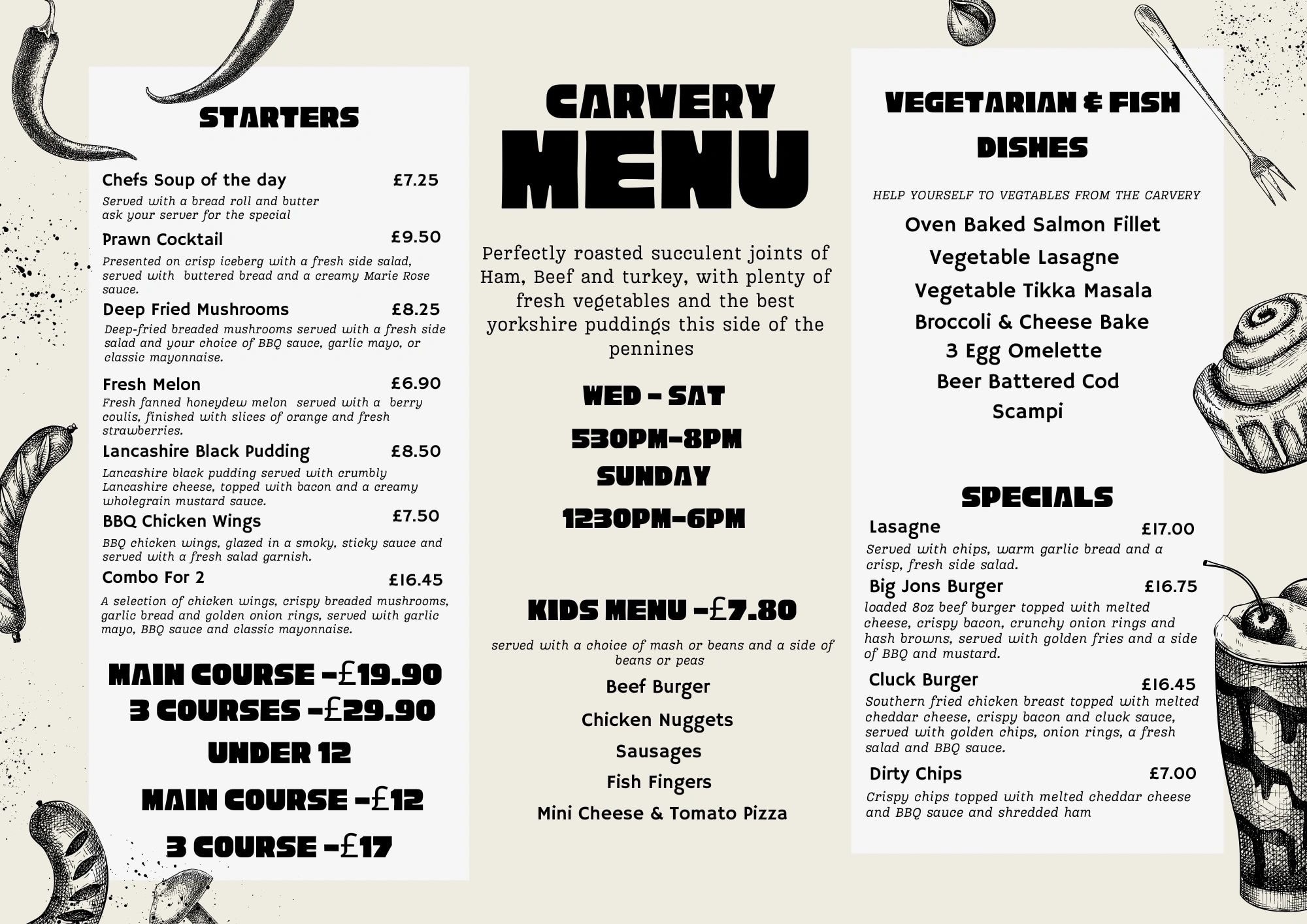 The Rose 'N' Bowl carvery menu — starters, main course, kids menu, carvery times, vegetarian and fish dishes, and specials with prices