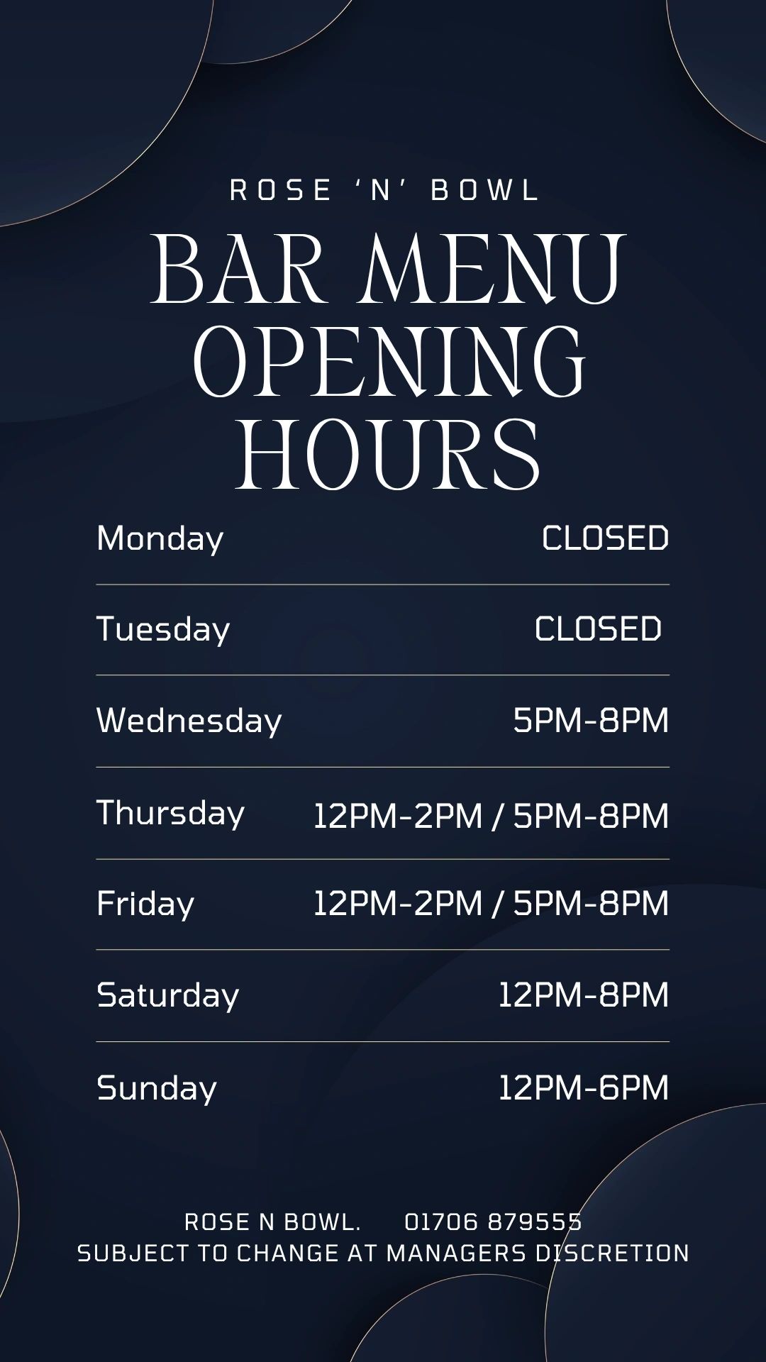 Bar menu opening hours — Wednesday to Sunday, closed Monday and Tuesday