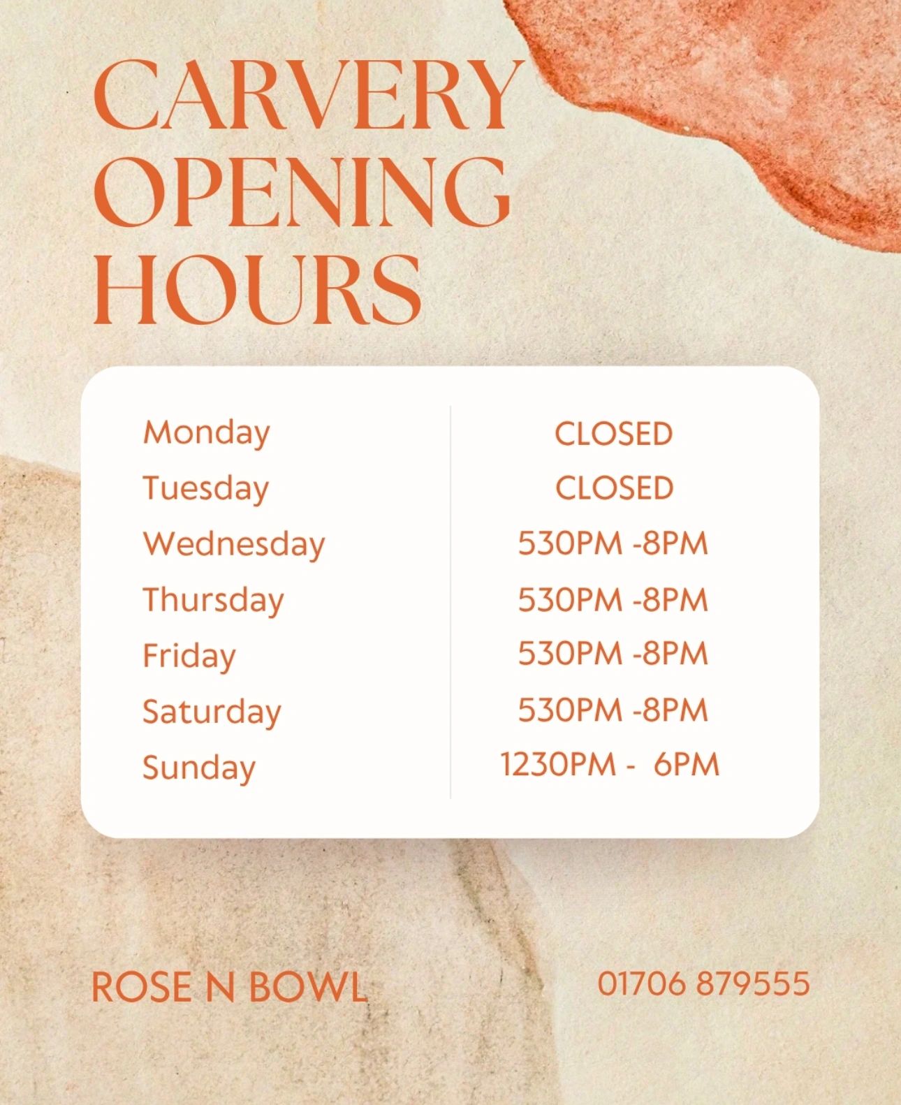 Carvery opening hours — Wednesday to Sunday, closed Monday and Tuesday