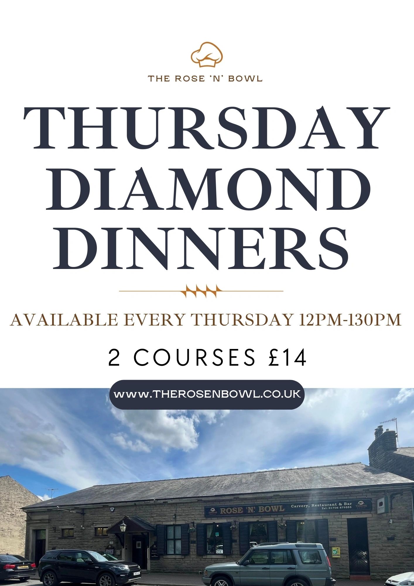 Thursday Diamond Dinners — available every Thursday 12pm–1:30pm, 2 courses £14
